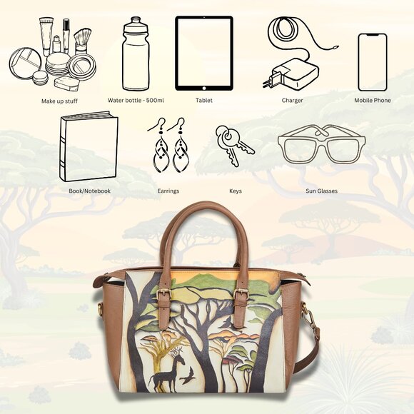 Hand Painted Leather Brown Top Handle Satchel, Shoulder Tote Bag, Crossbody Bag - Picture 3 of 9